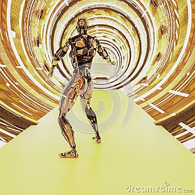 Metallic cyborg in a futuristic tunnel Stock Photo