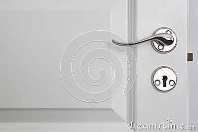 Metallic door knob on a classic white door. Home Stock Photo