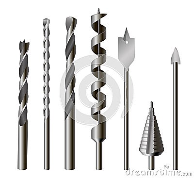 Metallic drill bits, equipment and tool set Vector Illustration