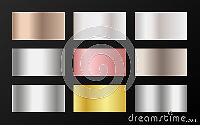 Metallic foil texture silver, steel, chrome, platinum, copper, bronze, aluminum, rose gold gradient swatches. Vector Illustration