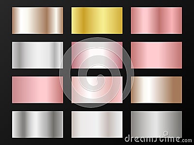 Metallic foil texture silver, steel, chrome, platinum, copper, bronze, aluminum, rose gold gradient swatches. Vector Illustration