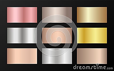 Metallic foil texture silver, steel, chrome, platinum, copper, bronze, aluminum, rose gold gradient swatches. Vector Illustration