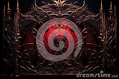 metallic gate with intricate devilish engravings, backlit by crimson light Stock Photo