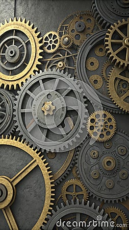 Metallic gears interlock and rotate, showcasing precision engineering, seamless integration, and intricate machinery Stock Photo