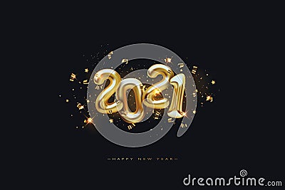 Metallic Gold Letter Balloons on black, 2021 Happy new year, Gold Number Balloons, Alphabet Letter Balloon, Number Vector Illustration