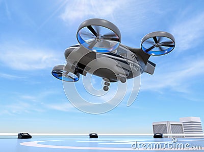 Metallic gray Passenger Drone Taxi takeoff from helipad Stock Photo