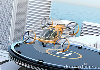 Metallic gray Passenger Drone Taxi takeoff from helipad on the roof of a skyscraper Stock Photo