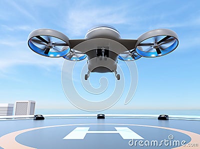 Metallic gray Passenger Drone Taxi takeoff from helipad on the roof of a skyscraper Stock Photo