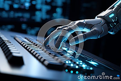 Metallic Hand of robot touch. Coding monitor science Stock Photo