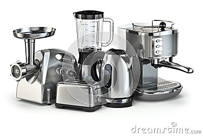 Metallic kitchen appliances. Blender, toaster, coffee machine, m Stock Photo