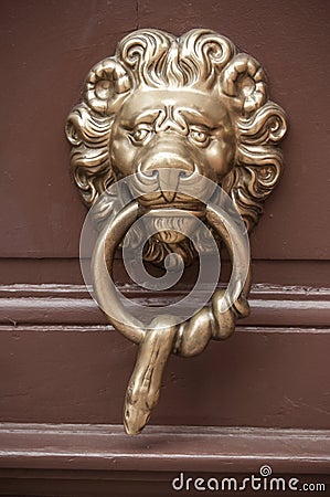 Metallic Lion shaped handle on wooden door Stock Photo