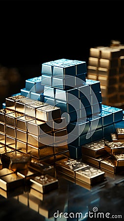 Metallic market Silver bars, stock graph on blue backdrop, capturing commodities investment synergy Stock Photo