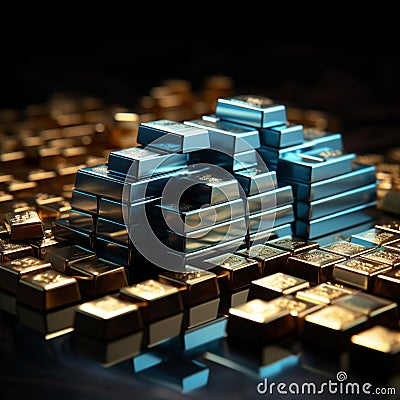 Metallic market Silver bars, stock graph on blue backdrop, capturing commodities investment synergy Stock Photo