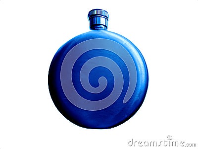 Metallic nickel-plated blue flask is round with a metal cap. Stock Photo