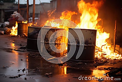 metallic oil drums burning wastage Stock Photo