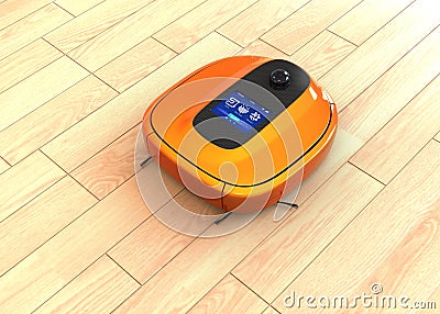 Metallic orange robotic vacuum cleaner moving on flooring Stock Photo