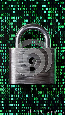 Metallic padlock rests on digital matrix with green binary security theme Stock Photo