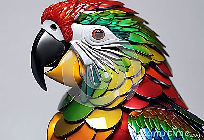 Metallic Plumage: Close-Up of a Parrot Crafted with Vibrant Colors and Gleaming Metal Stock Photo