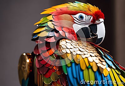 Metallic Plumage: Close-Up of a Parrot Crafted with Vibrant Colors and Gleaming Metal Stock Photo