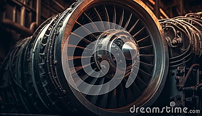 Metallic propeller turning inside old airplane engine generated by AI Stock Photo