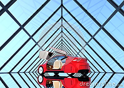 Metallic red car on triangulate shape background Stock Photo