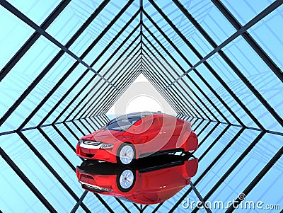 Metallic red car on triangulate shape background Stock Photo