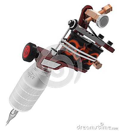 Metallic red tattoo machine with ornament and grip Cartoon Illustration