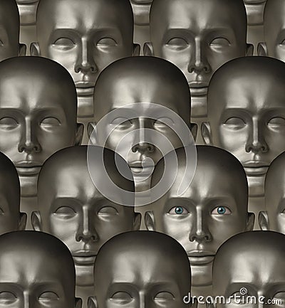 Metallic robot androids one with human eyes Stock Photo