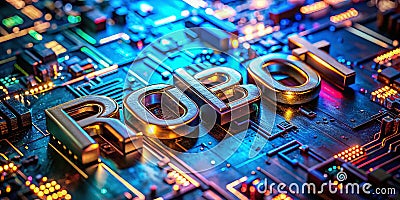 Metallic Robot Text Effect A CloseUp Macro Showcase of Futuristic Typography for Digital Design and Web Development Stock Photo