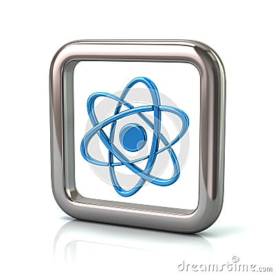 Metallic rounded square frame with blue atom icon Cartoon Illustration