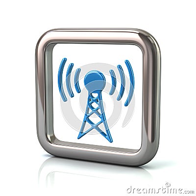 Metallic rounded square frame with blue transmitter tower icon Cartoon Illustration