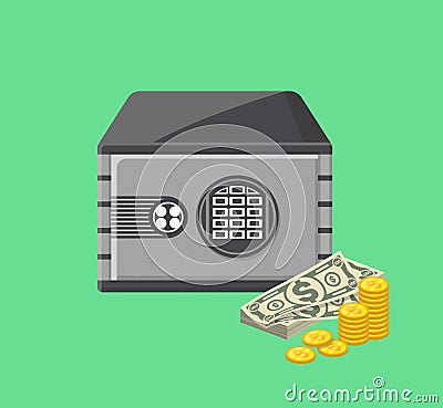 Metallic safe box with money poster Vector Illustration