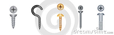 Metallic Screw and Bolt as Fastener with Helical Ridge Vector Set Stock Photo