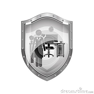 Metallic shield of woman administrator in office Vector Illustration