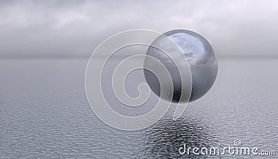 A metallic shiny sphere hung above the surface of the water. Unidentified round flying object in zero gravity over the sea or Cartoon Illustration