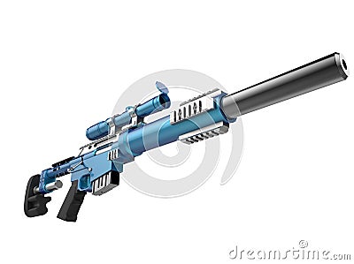 Metallic sky blue modern sniper rifle - low angle shot Stock Photo