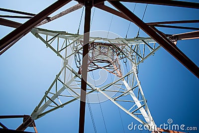 Metallic structure with high voltage electrical wires Stock Photo