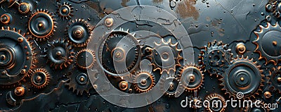 A metallic surface featuring a repeating pattern of interconnected gears and cogs, with subtle neon Stock Photo
