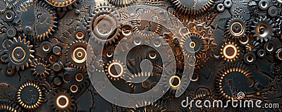 A metallic surface featuring a repeating pattern of interconnected gears and cogs, with subtle neon Stock Photo