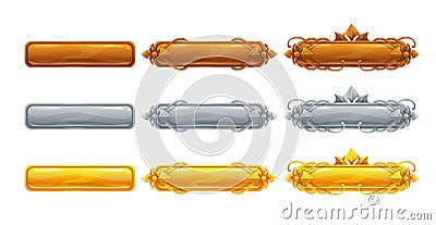 Metallic title banners set for epic game design. Golden, silver and bronze decorative frames. Vector Illustration