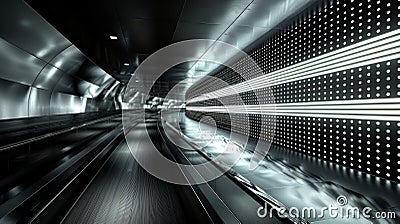 A futuristic metallic tunnel with illuminated patterns creating a sense of depth and movement, evoking a travel Stock Photo