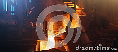 Metallurgical plant. Molten metal pouring from big ladle. Iron cast process. Industrial steel production. Steel mill Stock Photo