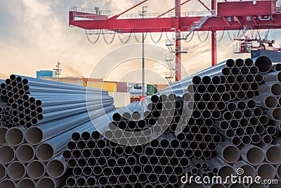 Metallurgy industry concept. Many steel pipes stacked. 3D rendered illustration. Cartoon Illustration