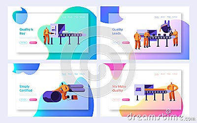 Metallurgy Industry Set. Raw Ore on Conveyor Belt, Hot Steel Pouring in Form, Pipe Production Factory Workshop Working Process Vector Illustration