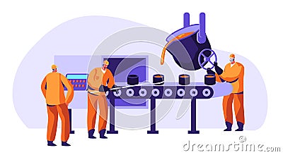 Metallurgy Industry Workers in Uniform Smelting Metal in Big Foundry and Pouring Hot Molten Steel or Iron Ore in Form Smelting Vector Illustration