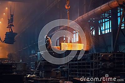 Metallurgy plant interior. Foundry worker on big mold for iron cast. Heavy industry. Steel factory Editorial Stock Photo