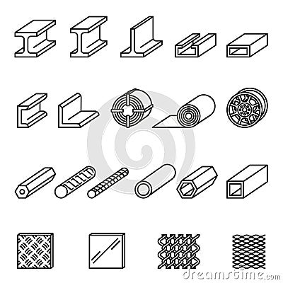 Metallurgy products vector line icons set. Steel structure and pipe. Vector Illustration