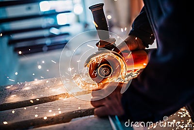 Metalworker cutting iron and metal with a electric rotary angle grinder and working, generating metal sparks Stock Photo