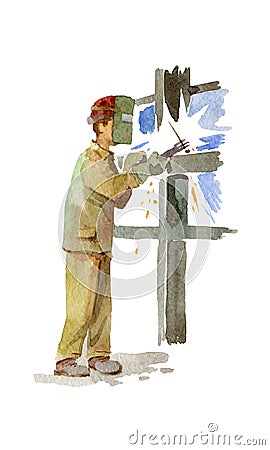 Metalworks. Welder at work. Watercolor sketch in the style of 80-ies. Stock Photo