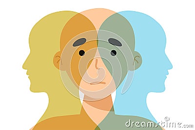 Metaphor bipolar disorder mind mental. Double face. Split personality. Concept mood disorder. 2 Head silhouette Vector Illustration